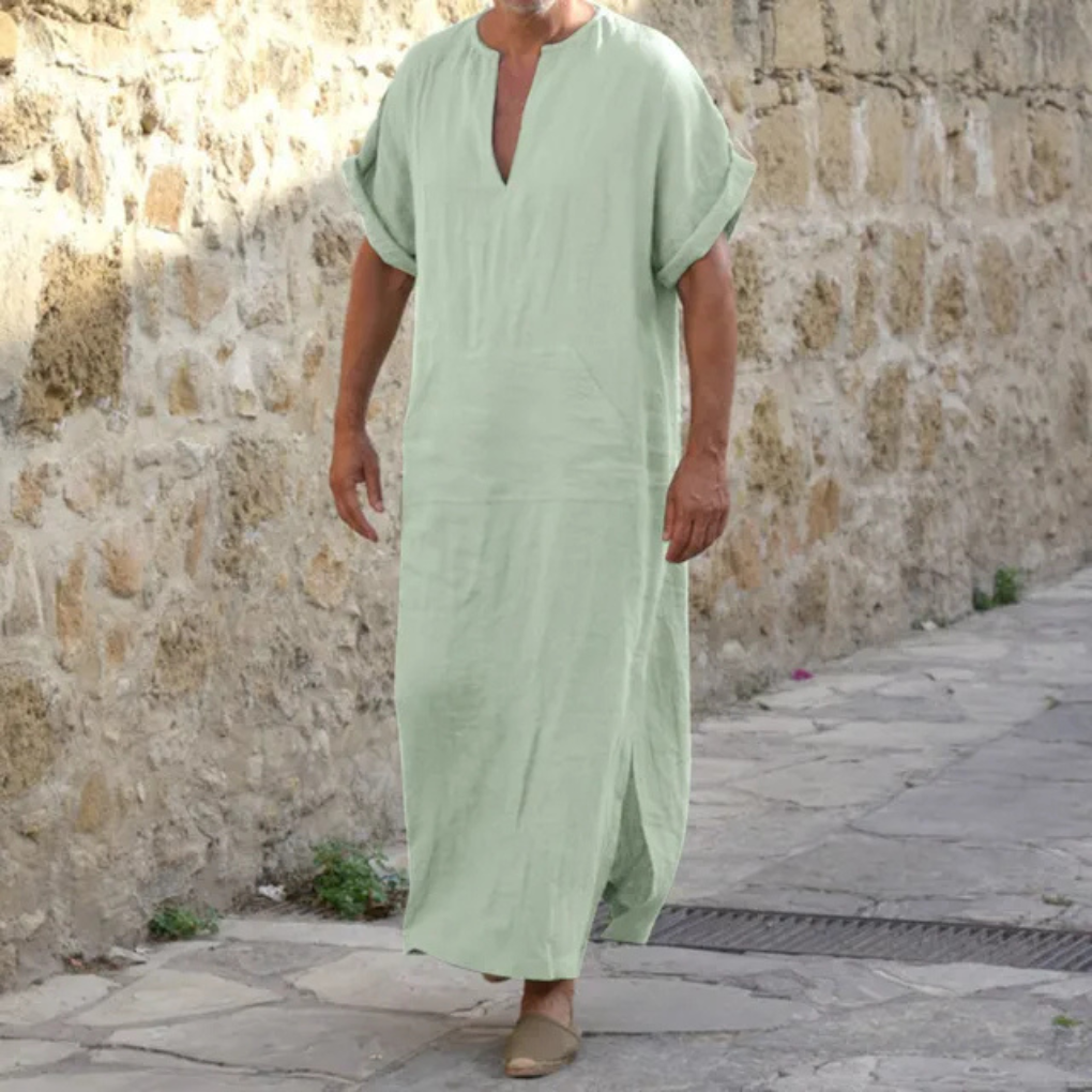 Men’s White Djellaba – V-Neck Long Robe