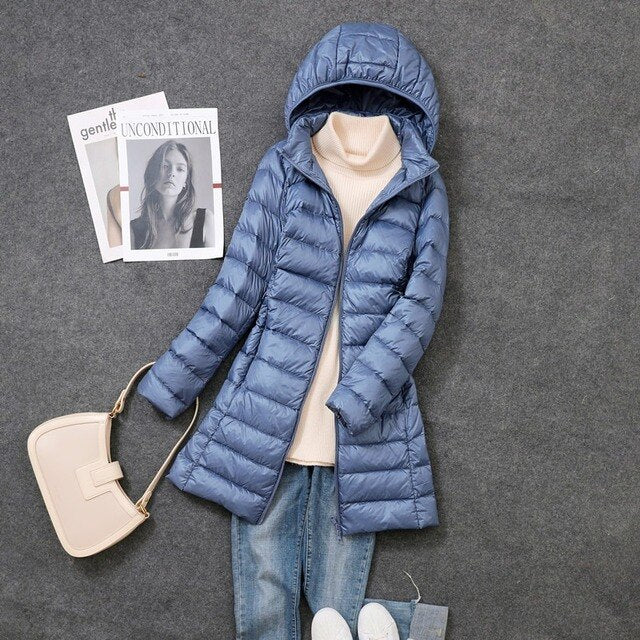 Long Down Jacket with Detachable Hood for Women