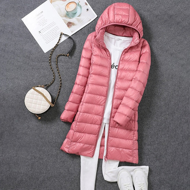 Long Down Jacket with Detachable Hood for Women