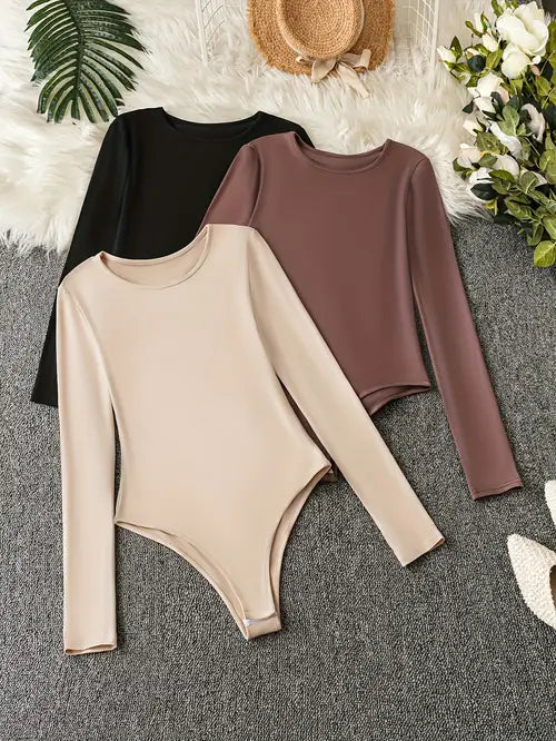 3-Pack Casual Long Sleeve Bodysuits for Women