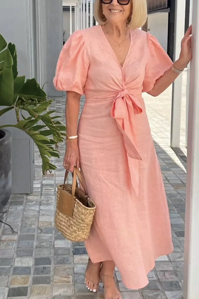 Esmira | Women’s V-Neck Belted Airy Midi Dress | Sophisticated & Flowy