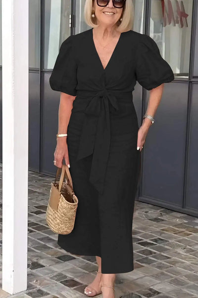Esmira | Women’s V-Neck Belted Airy Midi Dress | Sophisticated & Flowy