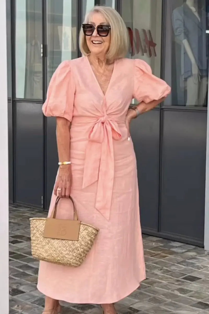 Esmira | Women’s V-Neck Belted Airy Midi Dress | Sophisticated & Flowy
