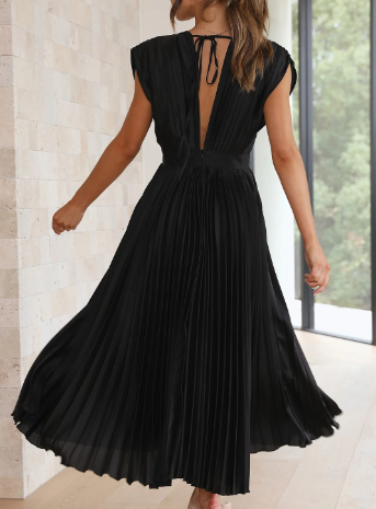 Helva | Women's Elegant Pleated Midi Dress | V-Neck