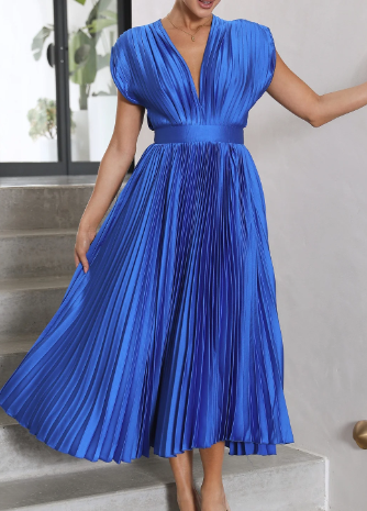 Helva | Women's Elegant Pleated Midi Dress | V-Neck