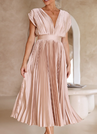 Helva | Women's Elegant Pleated Midi Dress | V-Neck