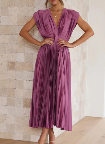 Helva | Women's Elegant Pleated Midi Dress | V-Neck