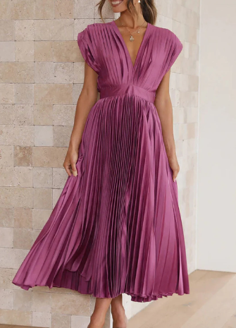 Helva | Women's Elegant Pleated Midi Dress | V-Neck