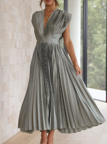 Helva | Women's Elegant Pleated Midi Dress | V-Neck