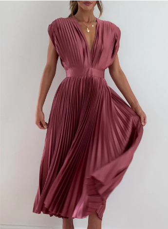 Helva | Women's Elegant Pleated Midi Dress | V-Neck