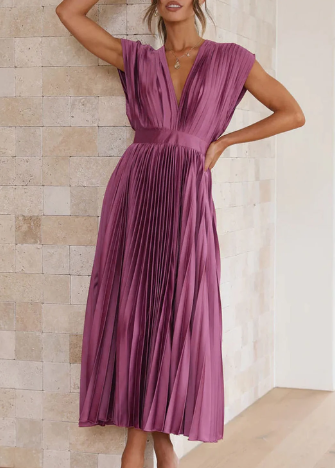 Helva | Women's Elegant Pleated Midi Dress | V-Neck