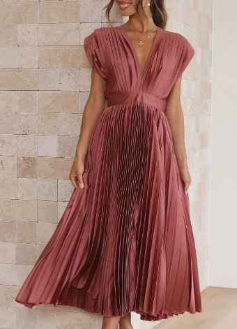 Helva | Women's Elegant Pleated Midi Dress | V-Neck