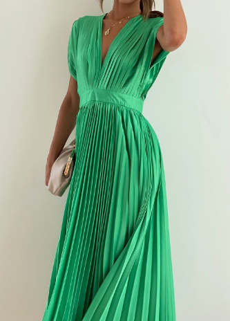 Helva | Women's Elegant Pleated Midi Dress | V-Neck