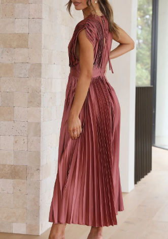 Helva | Women's Elegant Pleated Midi Dress | V-Neck