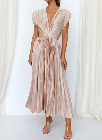 Helva | Women's Elegant Pleated Midi Dress | V-Neck