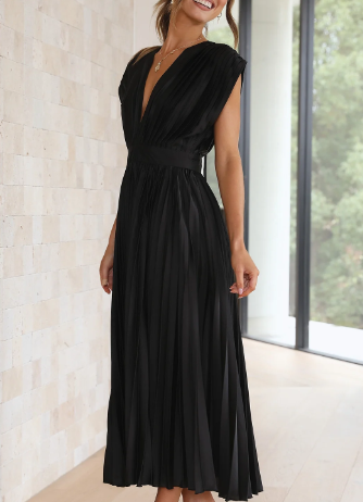 Helva | Women's Elegant Pleated Midi Dress | V-Neck
