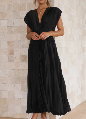 Helva | Women's Elegant Pleated Midi Dress | V-Neck
