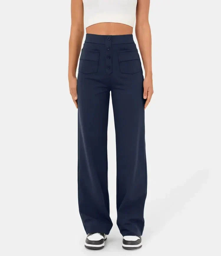 Elasticated casual trousers with a high waist and straight legs for women