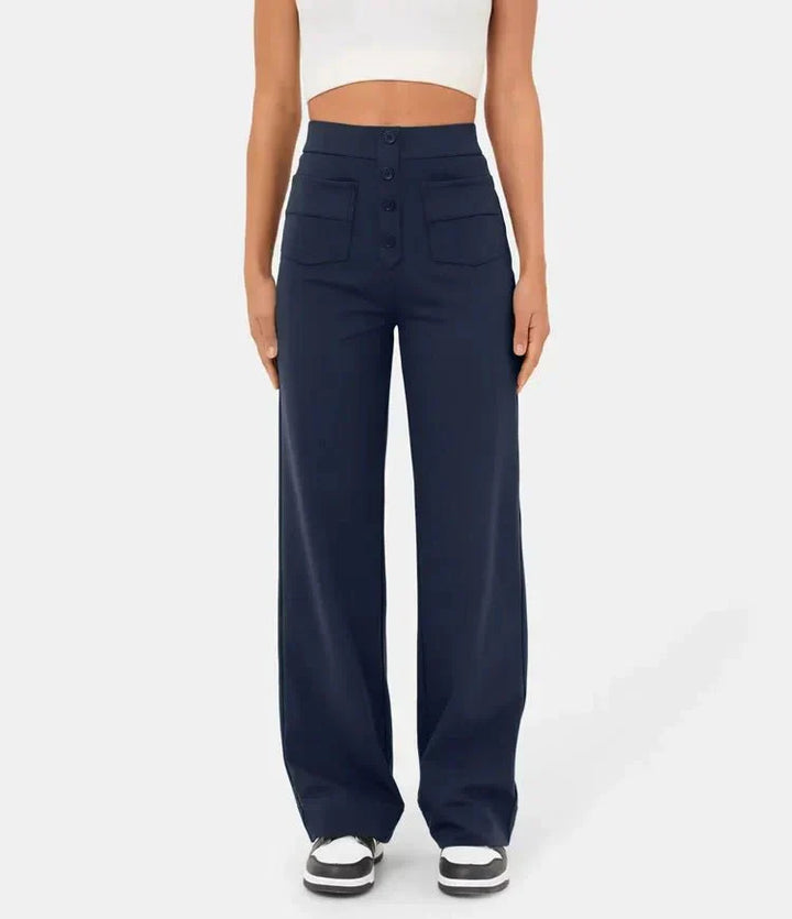 Elasticated casual trousers with a high waist and straight legs for women