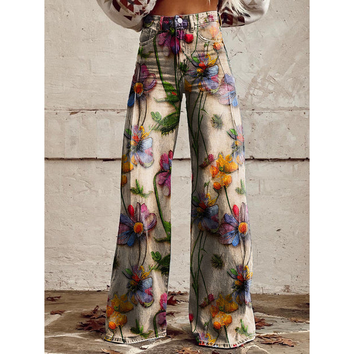 Women’s Long Denim Pants – Ritan Floral & Solid Prints
