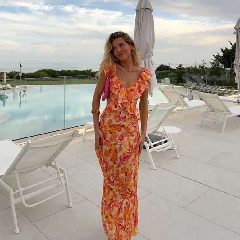 Thive | Women's Ruffled Deep V-Neck Dress | Maxi