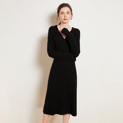 Ravina | Women’s Ribbed Knit Wrap Midi Dress | Long Sleeve Fit