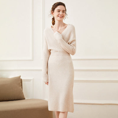 Ravina | Women’s Ribbed Knit Wrap Midi Dress | Long Sleeve Fit