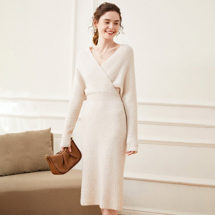 Ravina | Women’s Ribbed Knit Wrap Midi Dress | Long Sleeve Fit