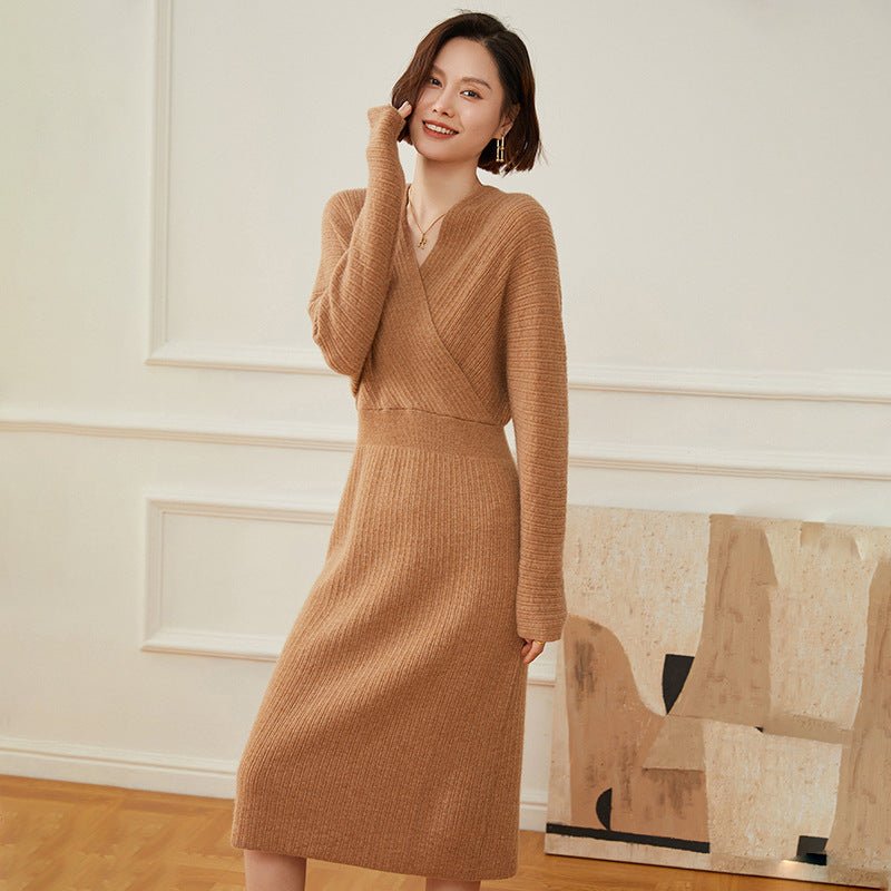 Veldaine | Women’s Wrap Knit Midi Dress | V-Neck Style & Long Sleeve