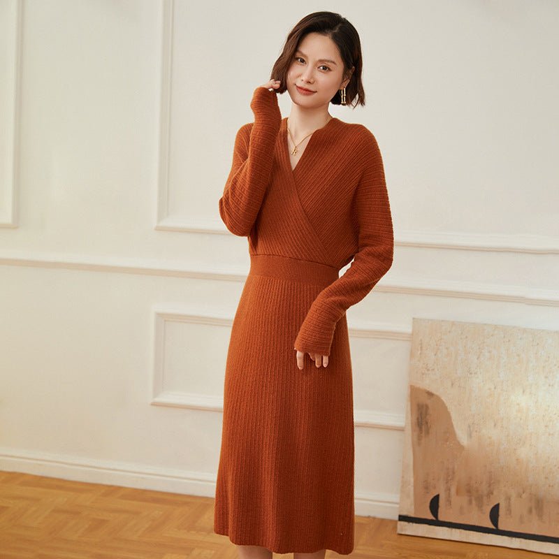 Veldaine | Women’s Wrap Knit Midi Dress | V-Neck Style & Long Sleeve