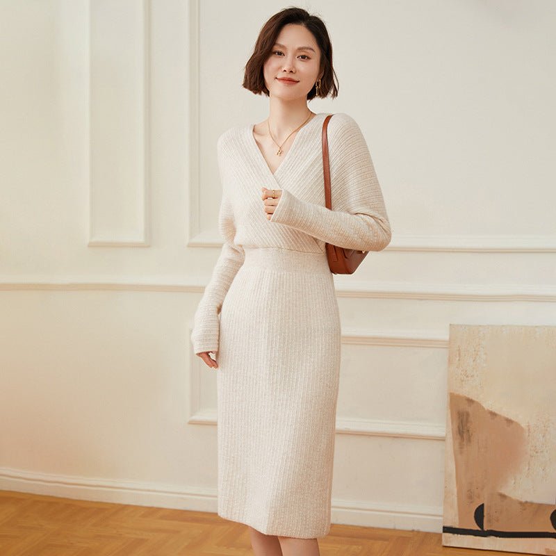 Veldaine | Women’s Wrap Knit Midi Dress | V-Neck Style & Long Sleeve