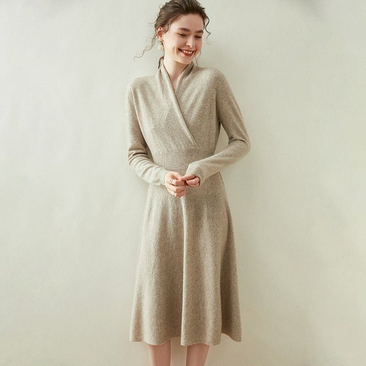 Womens Cashmere Wrap Dress Long Sleeve Elegant A-Line Midi Dress