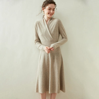 Womens Cashmere Wrap Dress Long Sleeve Elegant A-Line Midi Dress
