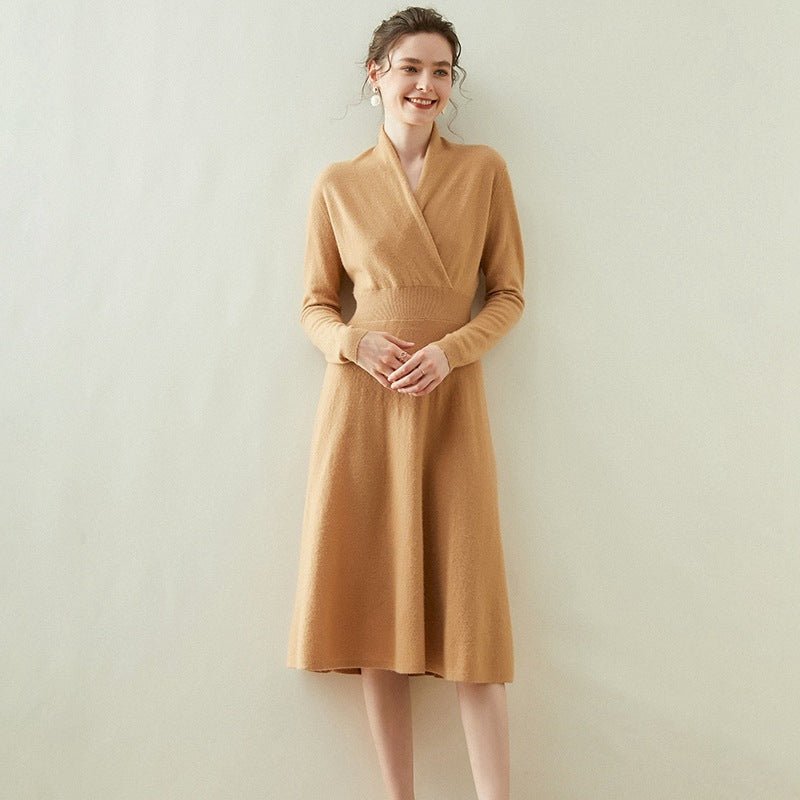 Womens Cashmere Wrap Dress Long Sleeve Elegant A-Line Midi Dress