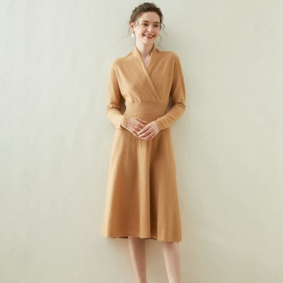 Womens Cashmere Wrap Dress Long Sleeve Elegant A-Line Midi Dress