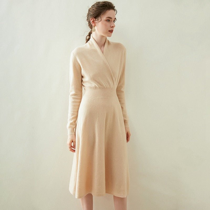 Womens Cashmere Wrap Dress Long Sleeve Elegant A-Line Midi Dress