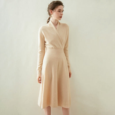 Womens Cashmere Wrap Dress Long Sleeve Elegant A-Line Midi Dress