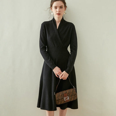 Womens Cashmere Wrap Dress Long Sleeve Elegant A-Line Midi Dress