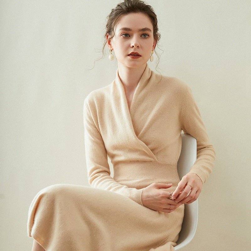 Womens Cashmere Wrap Dress Long Sleeve Elegant A-Line Midi Dress