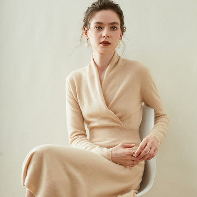 Womens Cashmere Wrap Dress Long Sleeve Elegant A-Line Midi Dress