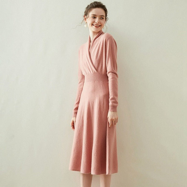 Womens Cashmere Wrap Dress Long Sleeve Elegant A-Line Midi Dress