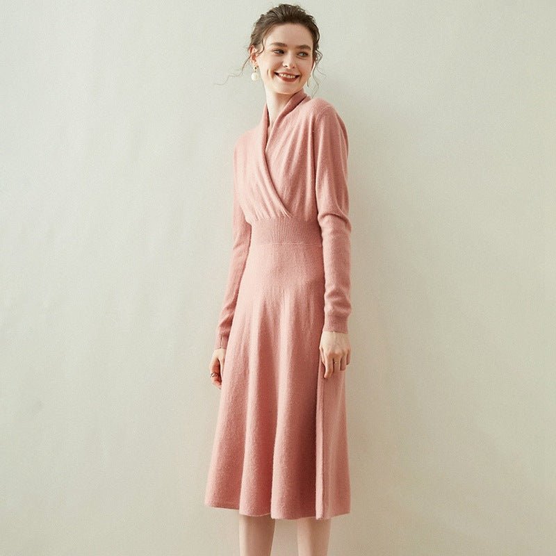 Womens Cashmere Wrap Dress Long Sleeve Elegant A-Line Midi Dress