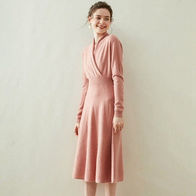 Womens Cashmere Wrap Dress Long Sleeve Elegant A-Line Midi Dress