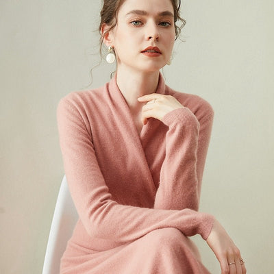 Womens Cashmere Wrap Dress Long Sleeve Elegant A-Line Midi Dress