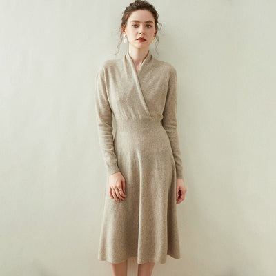 Womens Cashmere Wrap Dress Long Sleeve Elegant A-Line Midi Dress