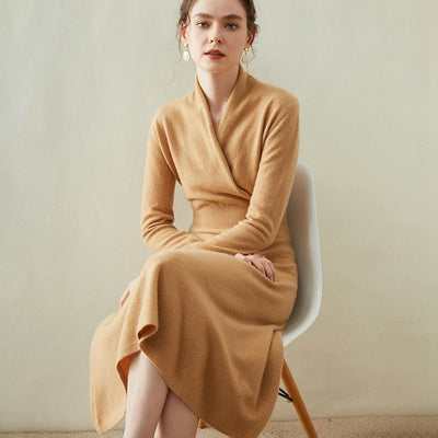 Womens Cashmere Wrap Dress Long Sleeve Elegant A-Line Midi Dress