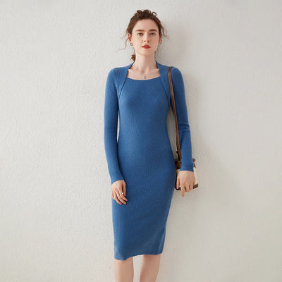 Elisyn | Women’s Ribbed Knit Midi Dress | Long Sleeve & Square Neck Fit
