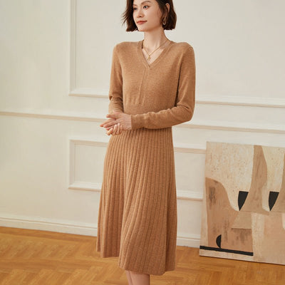 Mircella | Women’s Ribbed Knit & V-Neck Shape Midi Dress | Casual