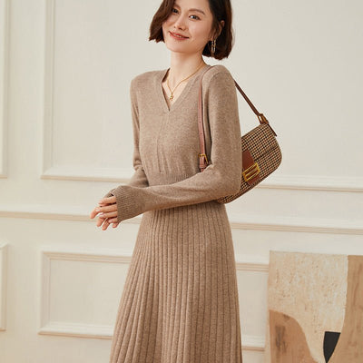 Mircella | Women’s Ribbed Knit & V-Neck Shape Midi Dress | Casual